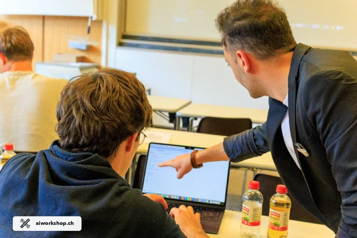 George facilitating a hands-on AI workshop exercise with a participant in Lausanne